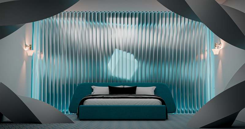 Modern gaming bed with built-in RGB lighting, monitor mounts, and ergonomic design in a dimly lit gamer's room
